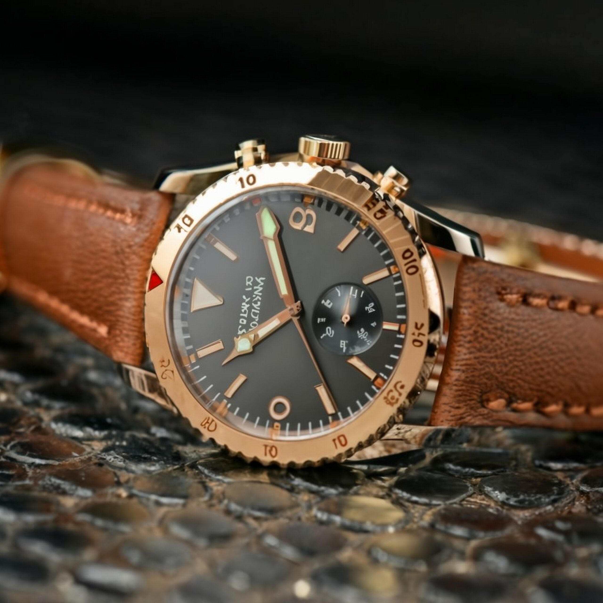 Analog wrist watch with brown dial and brown strap on wooden table